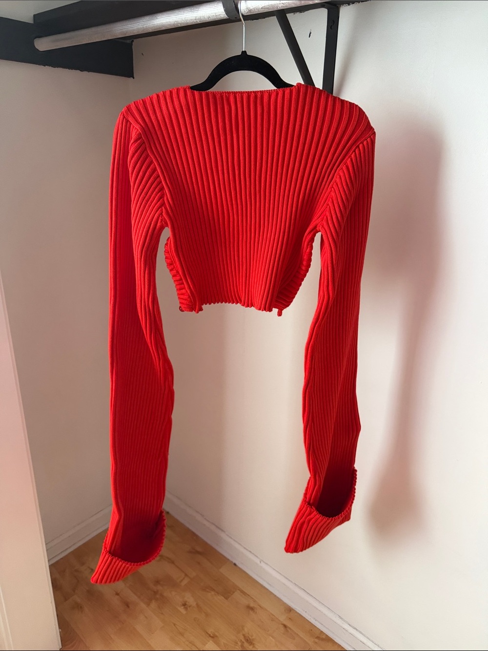 HANIFA Red Ribbed Cropped Cardigan with Loop-Button Trim - Picture 4 of 6